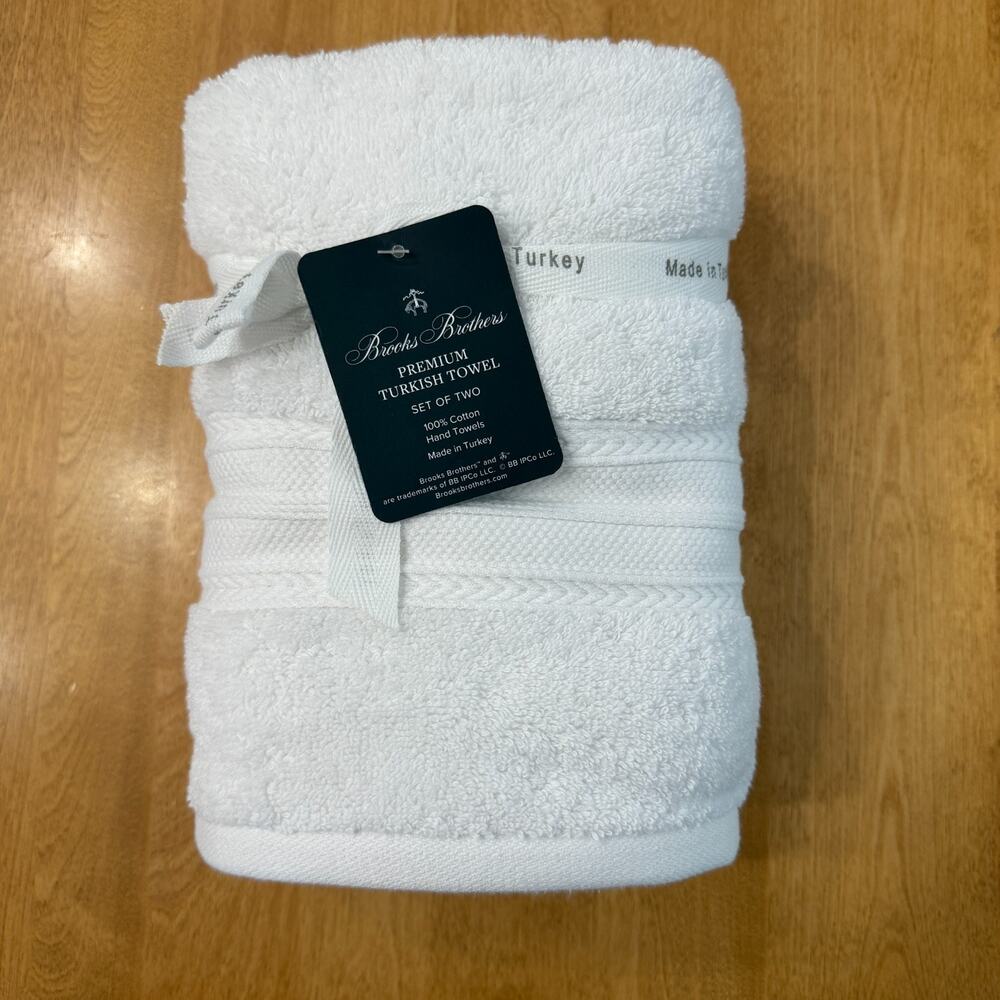 Brooks Brothers Premium Turkish Cotton Hand Towels Set of 2 White Plush Spa NWT